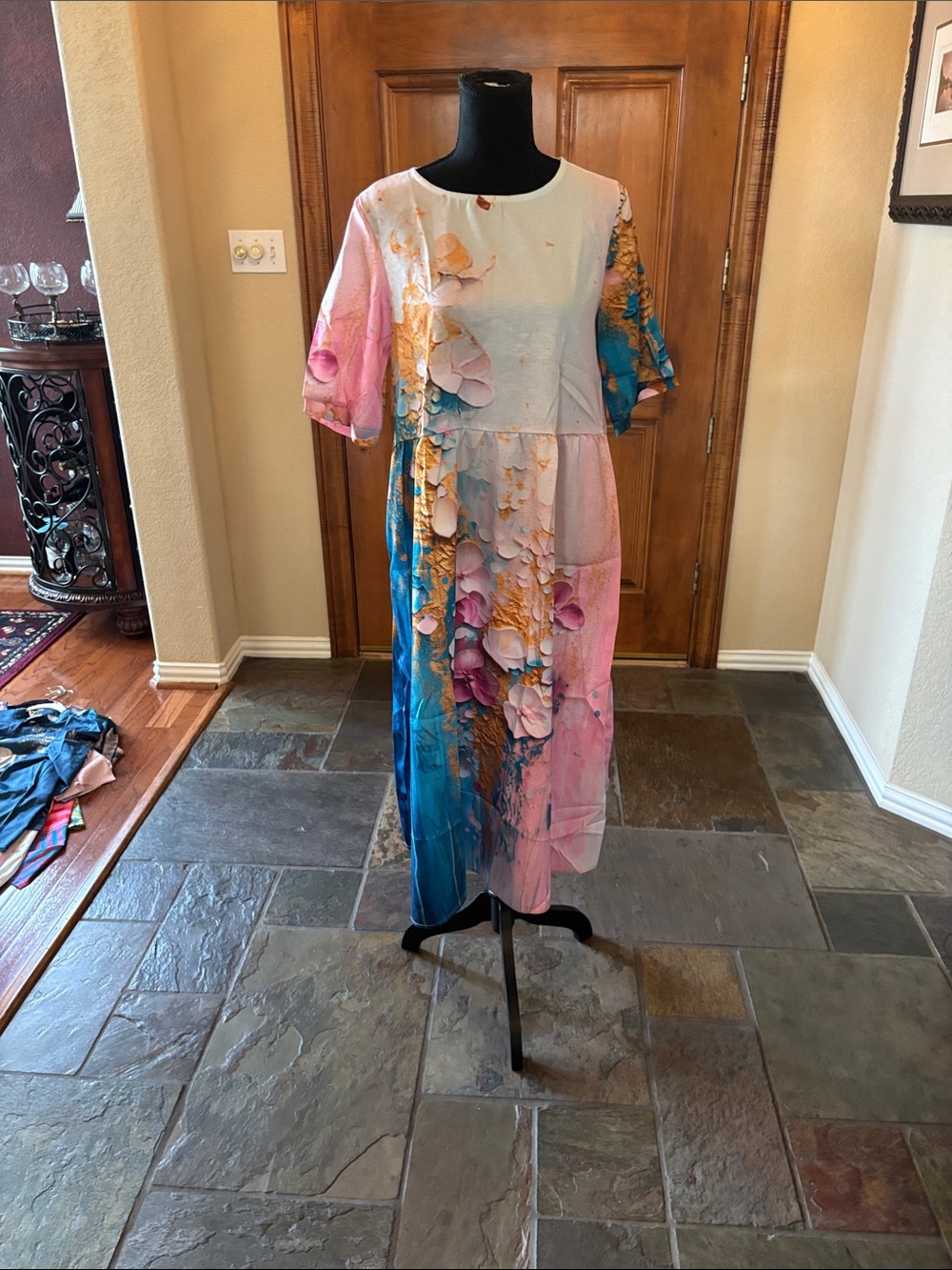 Source Unknown Pink and Blue Floral Ombre Midi Dress
